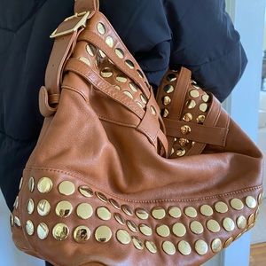 Studded tan shoulder bag